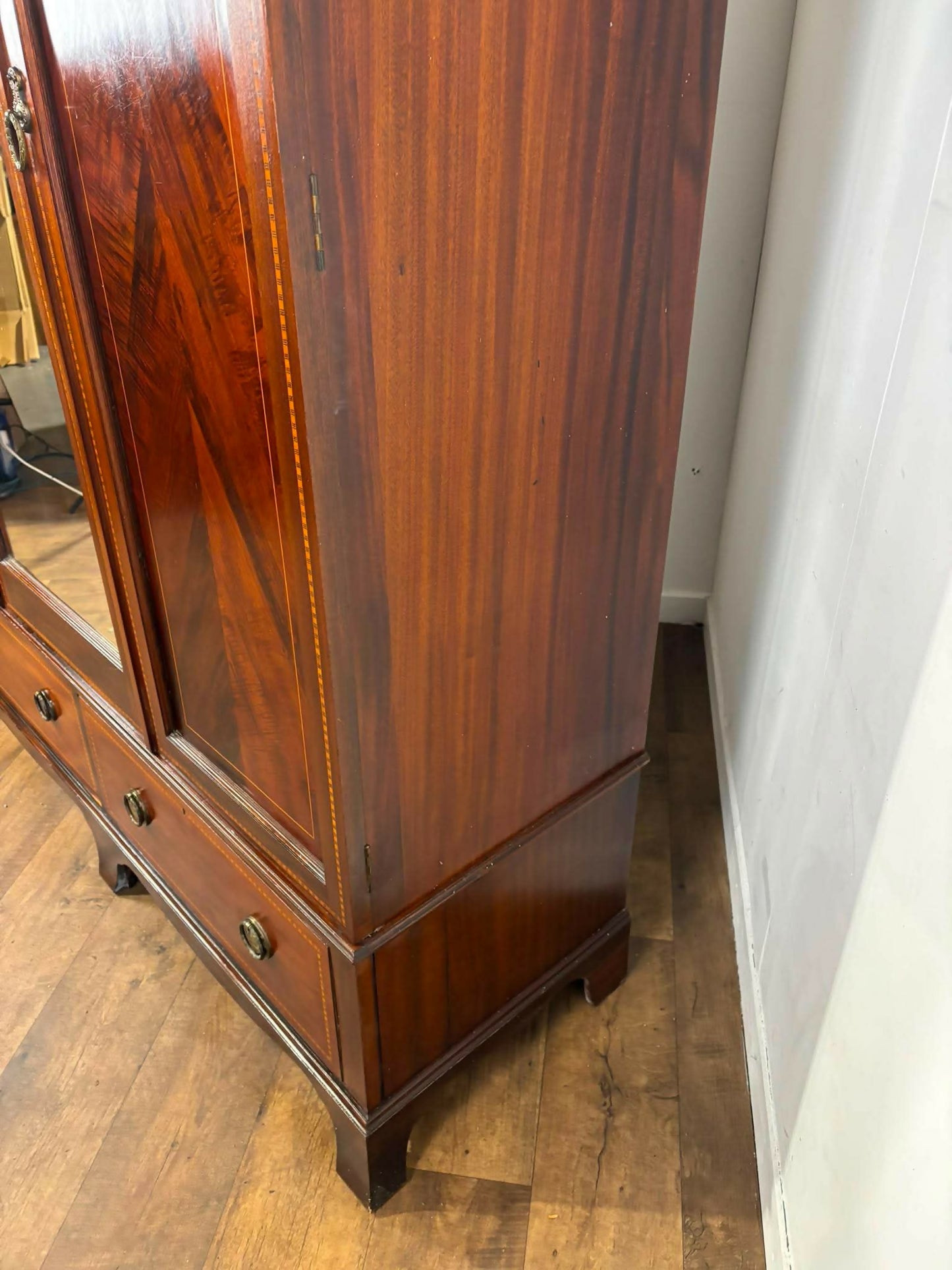 Edwardian Mahogany Inlaid Wardrobe / Armoire with Mirror & Drawers