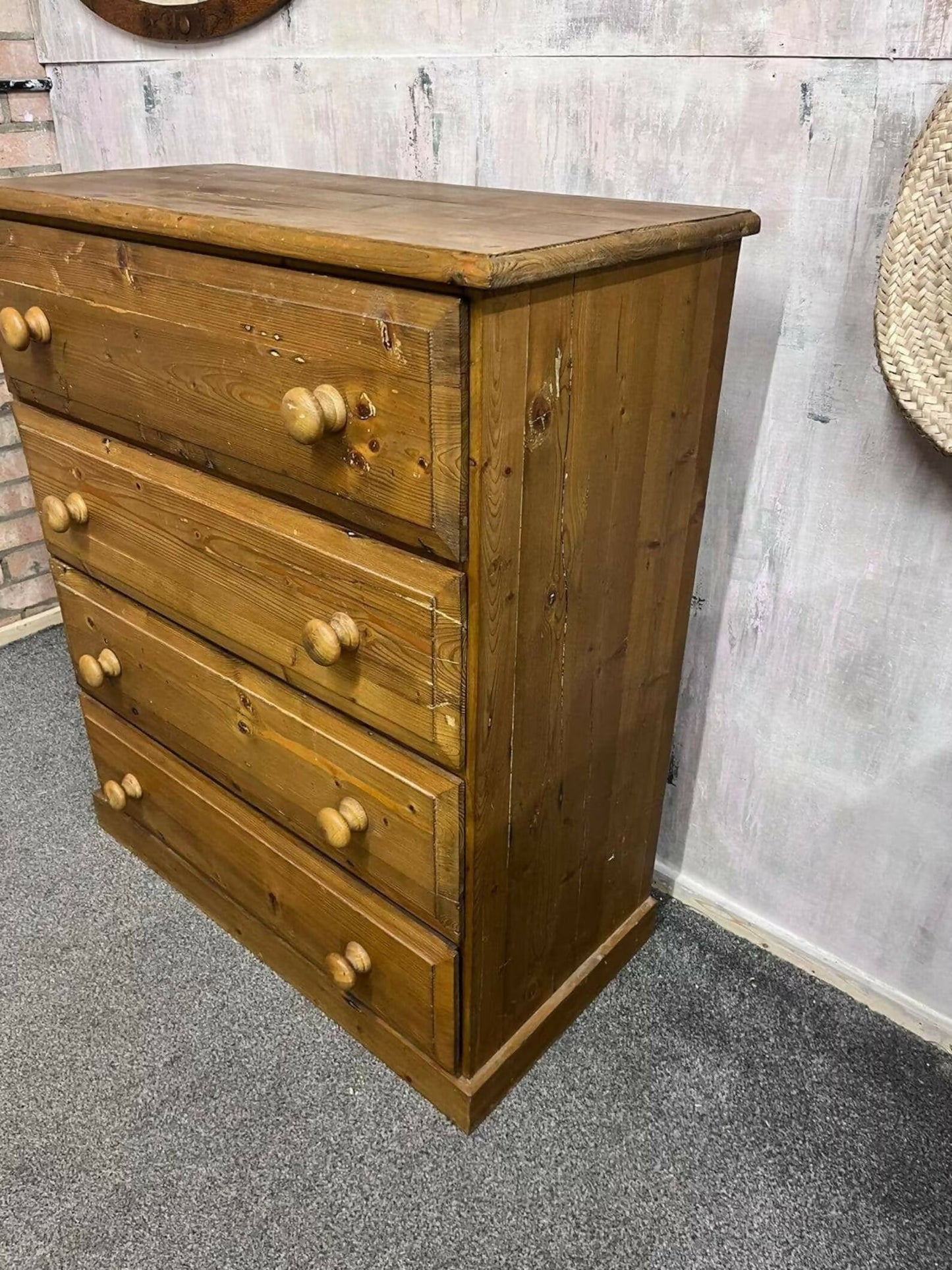 Vintage Pine Chest of 4 Deep Drawers Knob Handles Sturdy