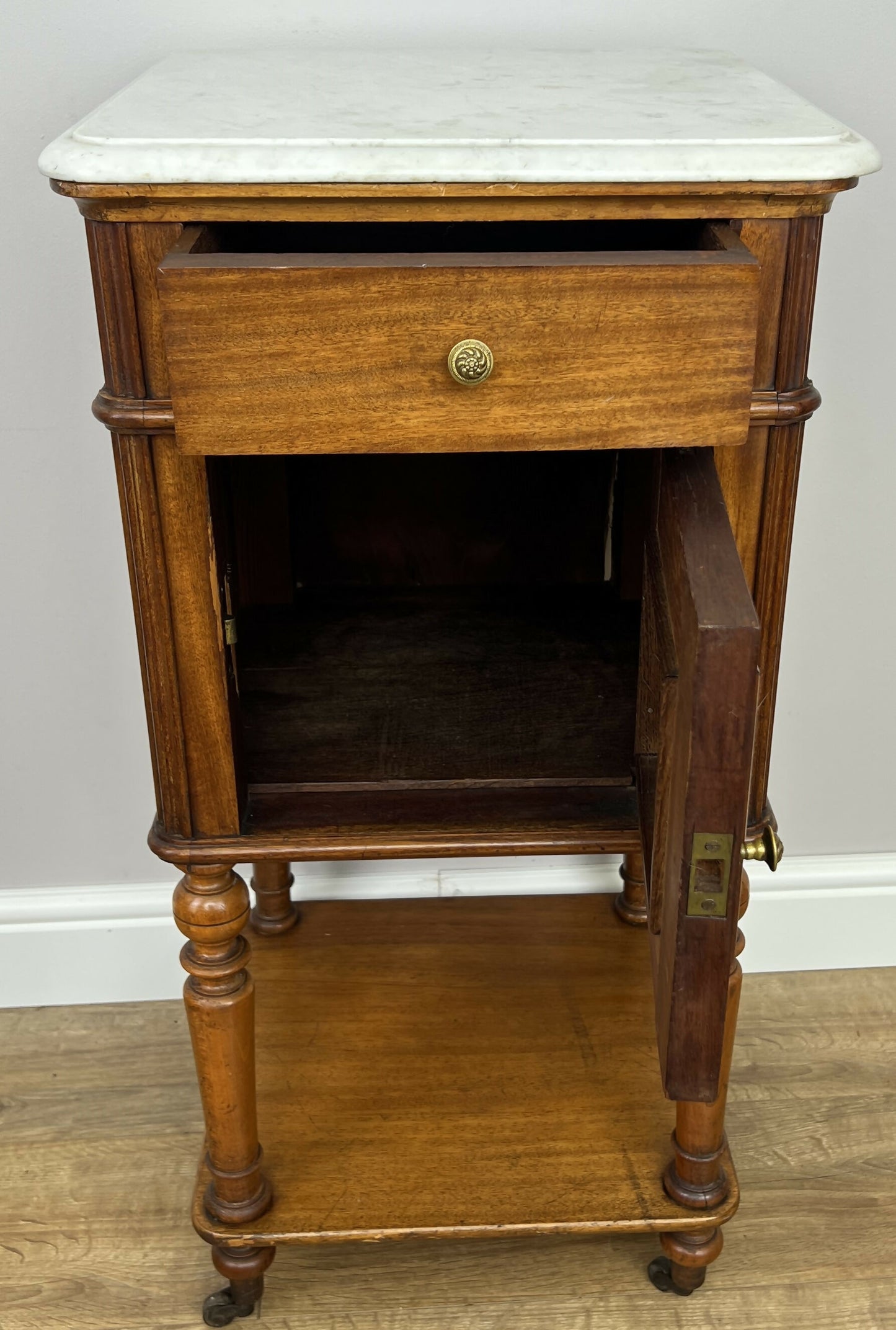 Bedside Table Antique French Style Marble Top Walnut Cabinet Nightstand LOT 6242