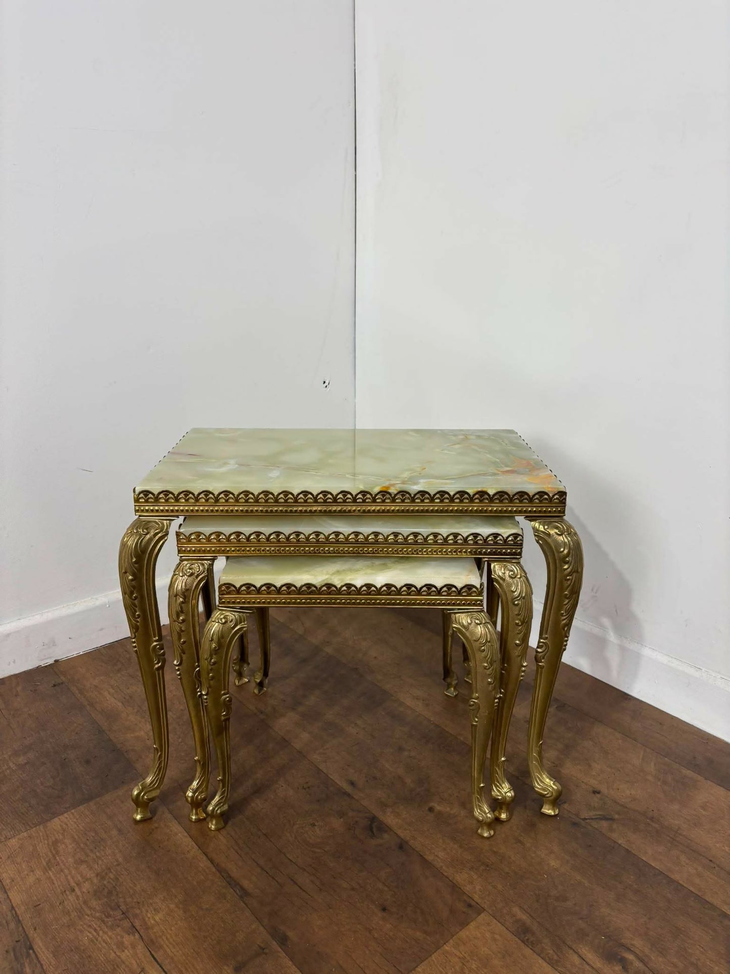 Mid-Century Italian Style Gilt Metal & Onyx Nest of Three Tables