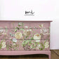 Refinished Stag Minstrel Captains Chest Of Drawers In Dusky Pink With Floral Design, large drawers, sideboard