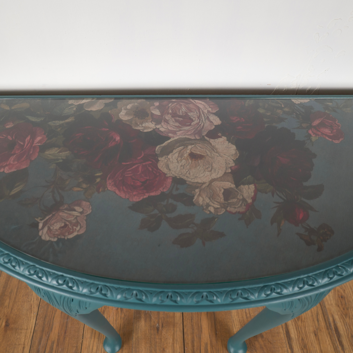 Large Teal Demi Lune Console Table | Upcycled Vintage Half Moon Hallway Table