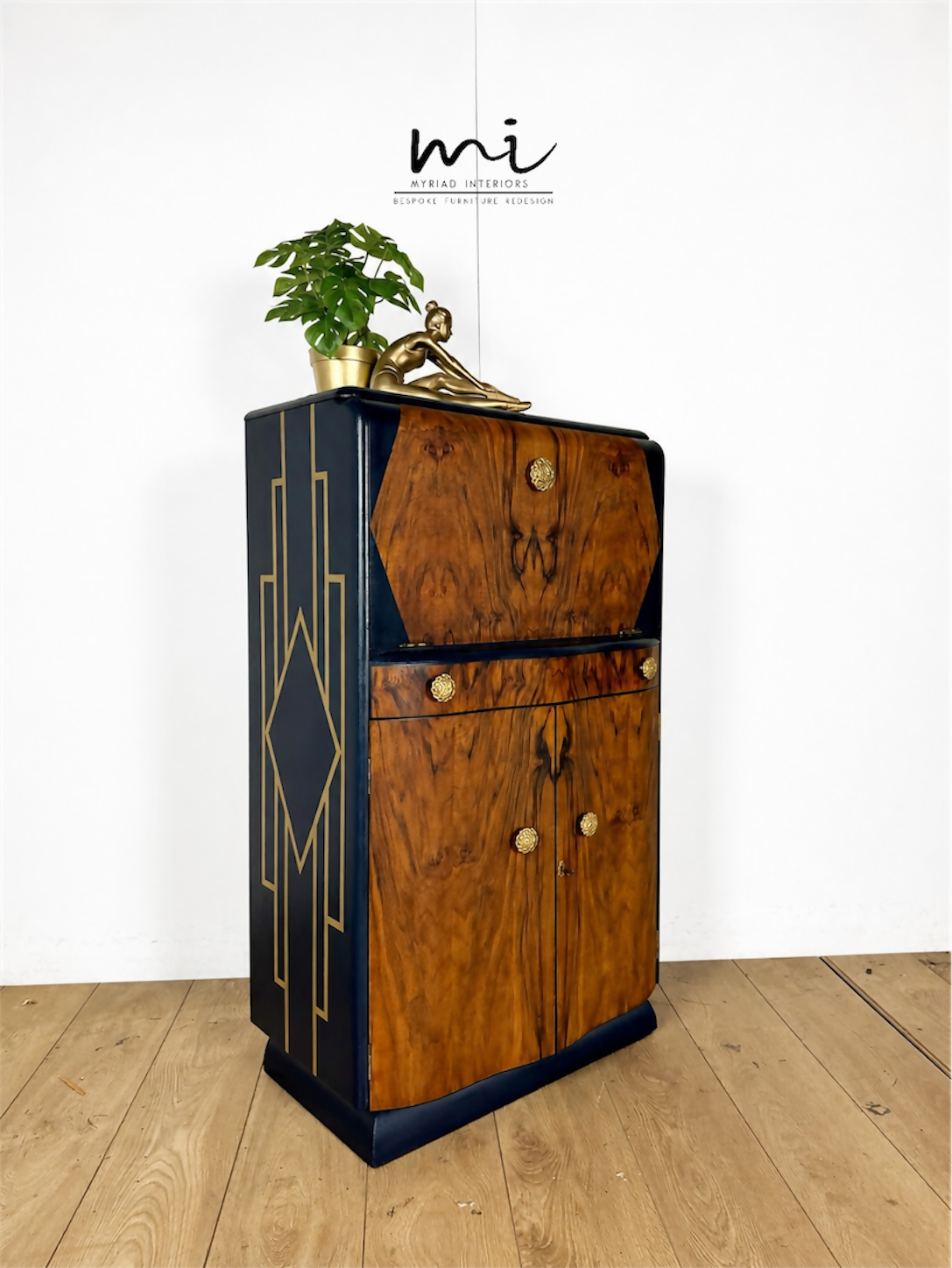 Navy Blue And Gold Art Deco Burl Walnut Cocktail Cabinet, Drinks Cabinet