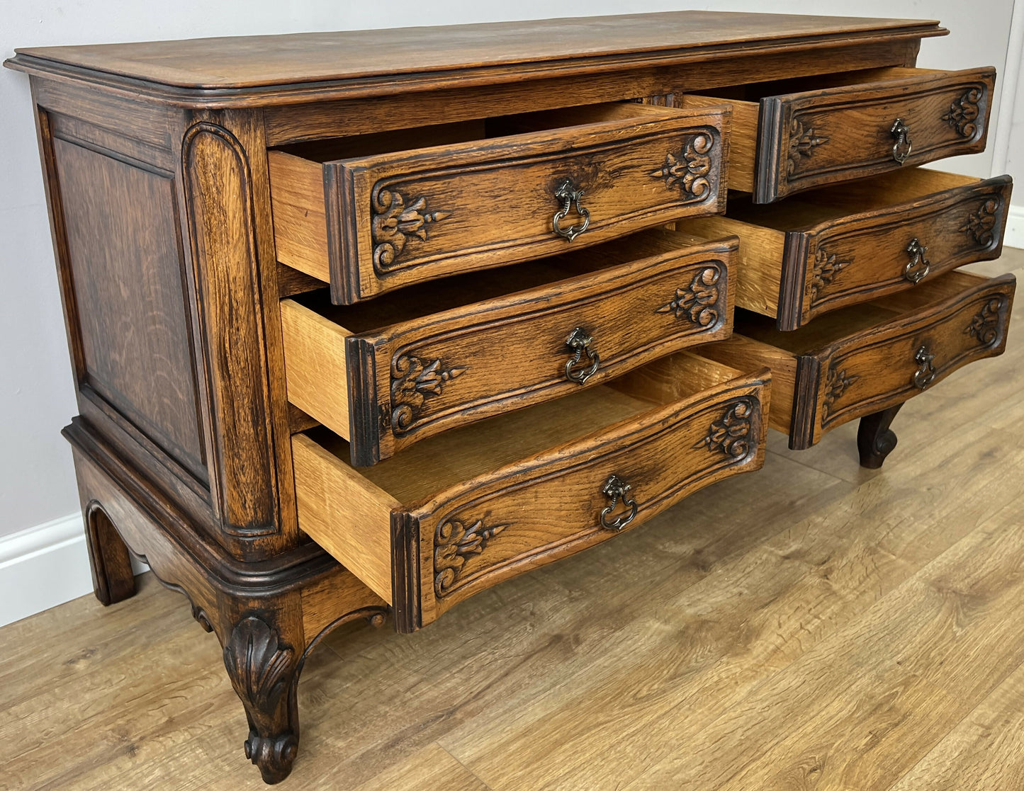 Chest of Drawers Vintage French Louis Oak 6 Drawers Carved Cabinet LOT 6263