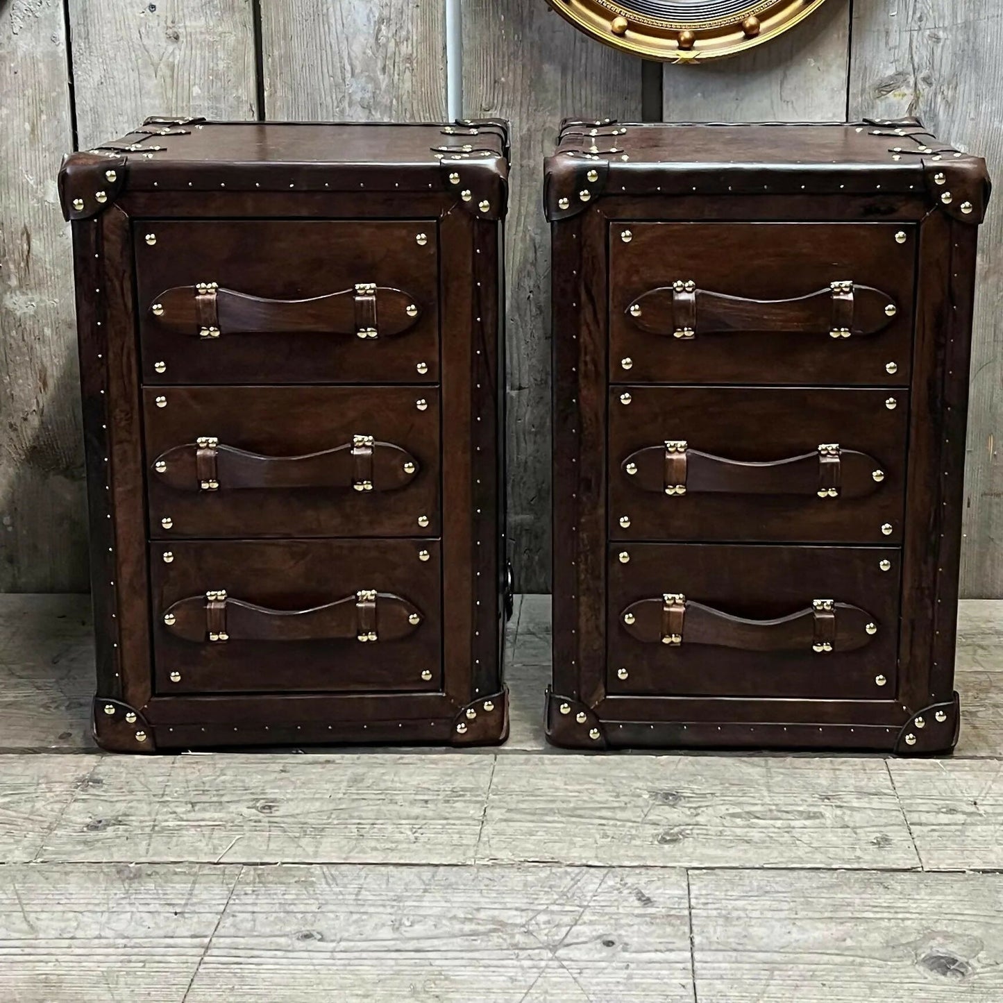 Vintage Handcrafted English Oak Leather Nightstands – Luxury Bedside Tables (Set of 2)