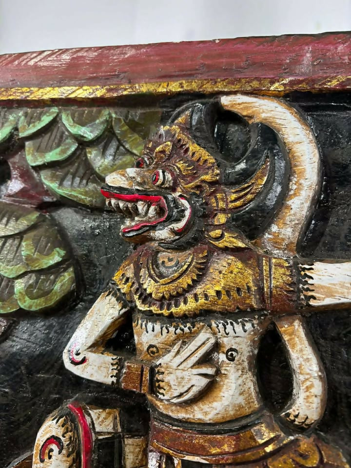 Large Hand Carved Wooden Panel Depicting Figures In A Forest