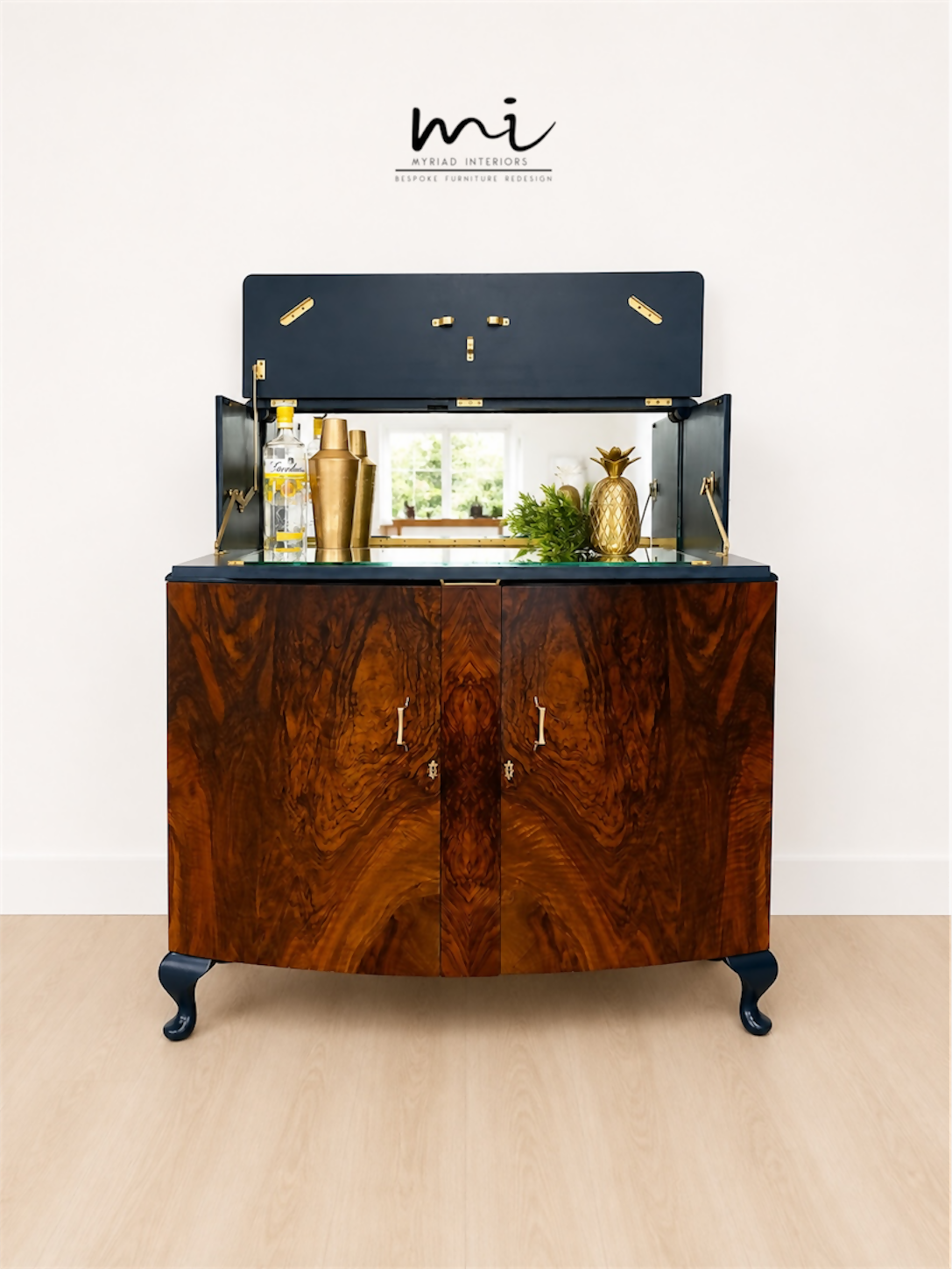 Navy Blue and Gold Art Deco Walnut Drinks Cabinet, cocktail cabinet, 1930s, vintage bar, sideboard, refurbished