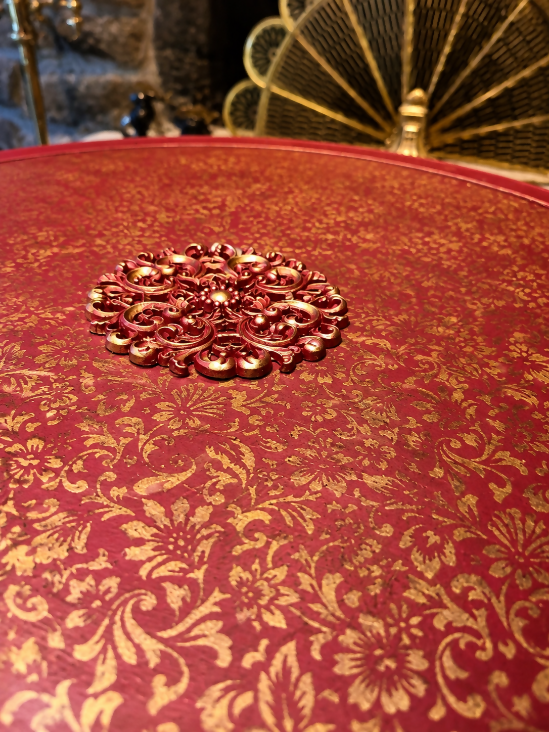 Mughal-Inspired Crimson Red & Gold Round Statement Eastern Coffee Table