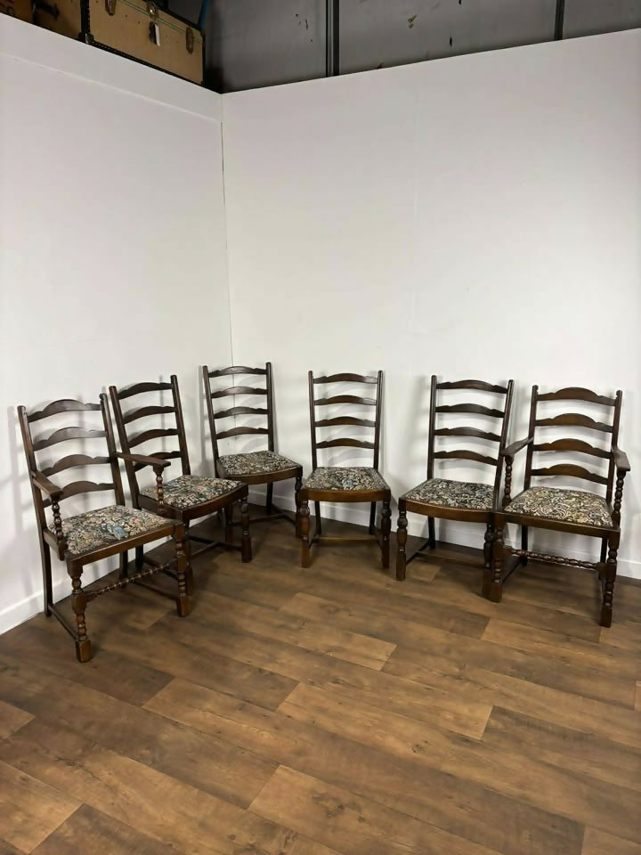 Vintage Set of Six Oak Ladder Back Dining Chairs – Including Two Carvers