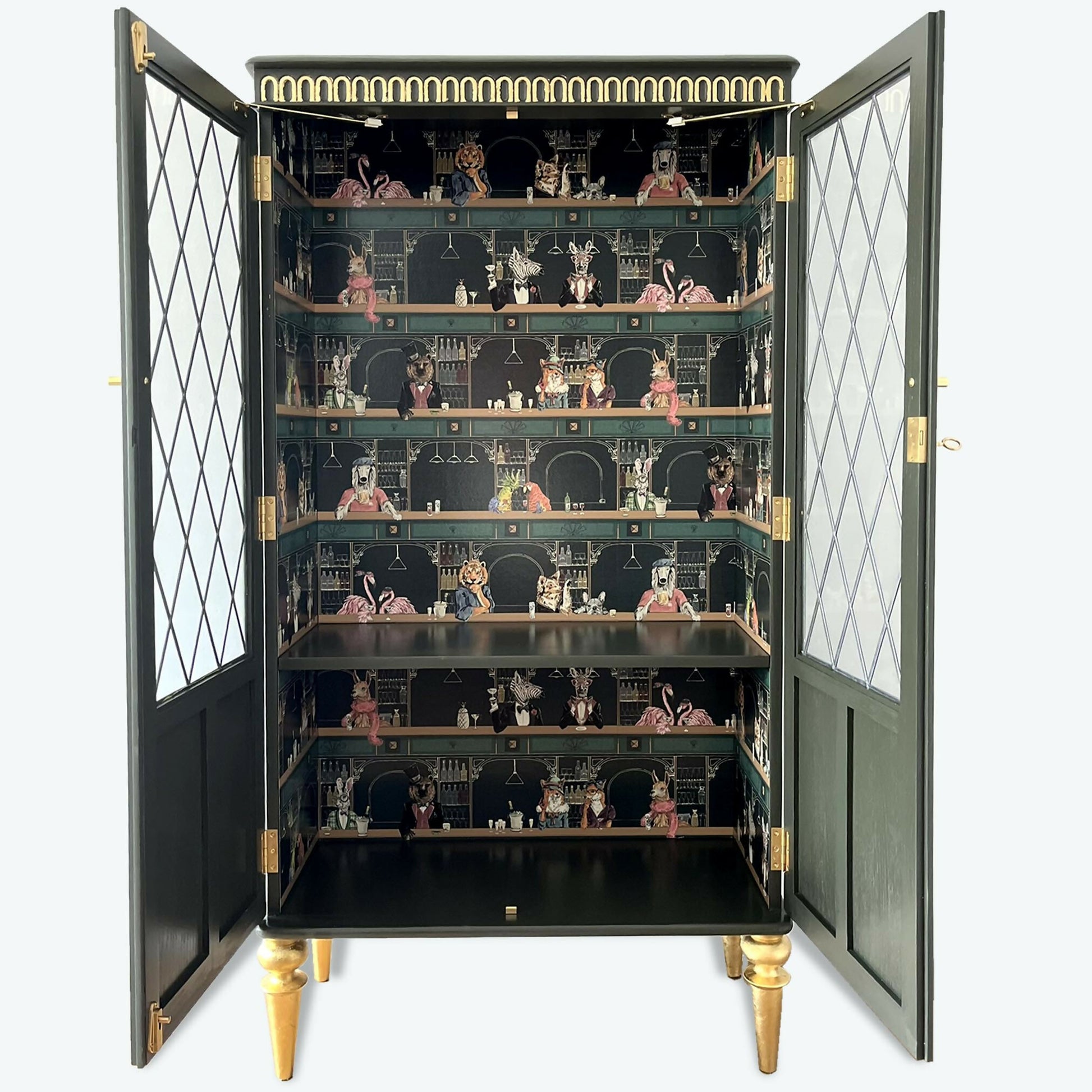 Bespoke antique cabinet painted green with gold legs and glass door - Copy