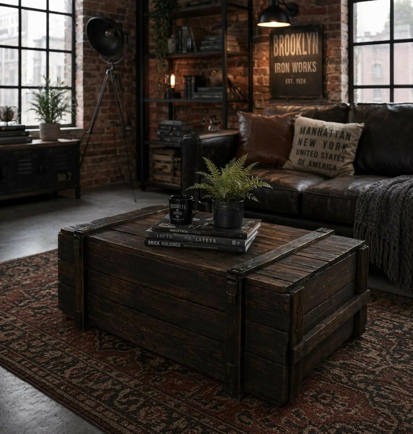 Vintage Army Chest Coffee Table, Reclaimed Wood Trunk Table on Wheels, Rustic Industrial Storage Chest, Dark Brown Loft Furniture