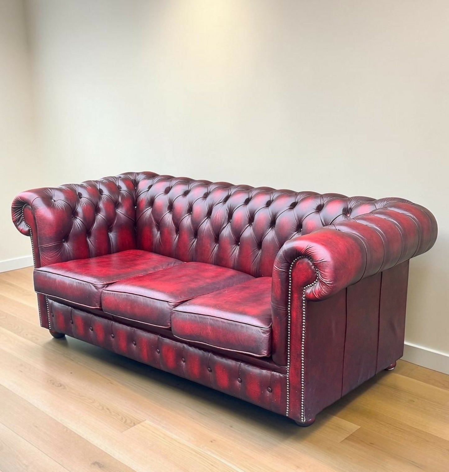 English Oxblood Leather Chesterfield Three Seater Sofa