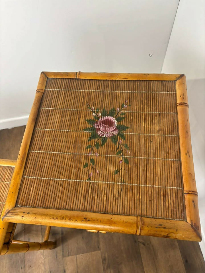Pair of Vintage French Bamboo Side Tables with Hand-Painted Rose Detail