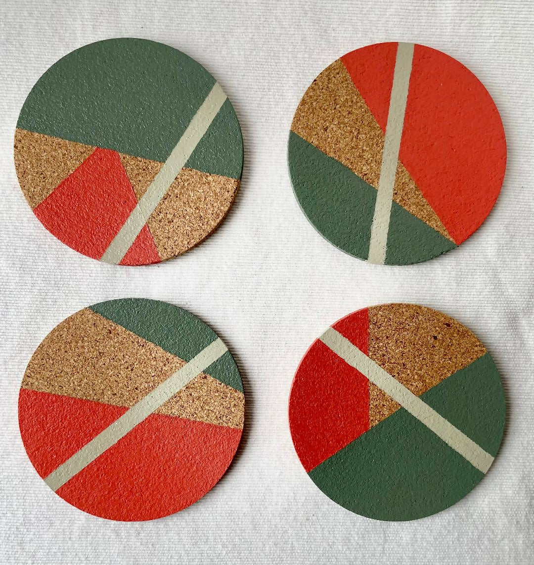 Set of 4 Cork Coasters - Hand Painted Geometric/Modern Design (Coral/Green/Grey)