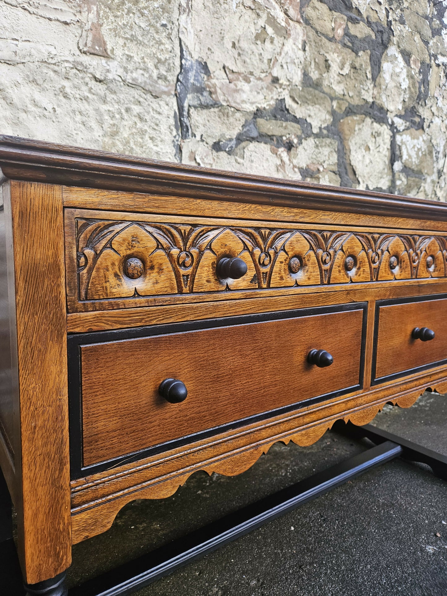 Vintage Chest Of Drawers Oak Tallboy Cabinet Three Drawer Chest With Ebonised Detailing