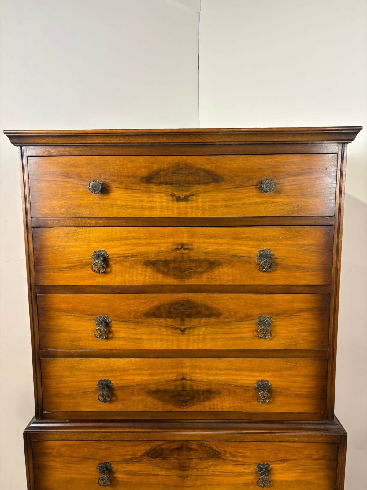 Vintage Walnut Chest On Chest – 8 Drawer Tallboy Chest