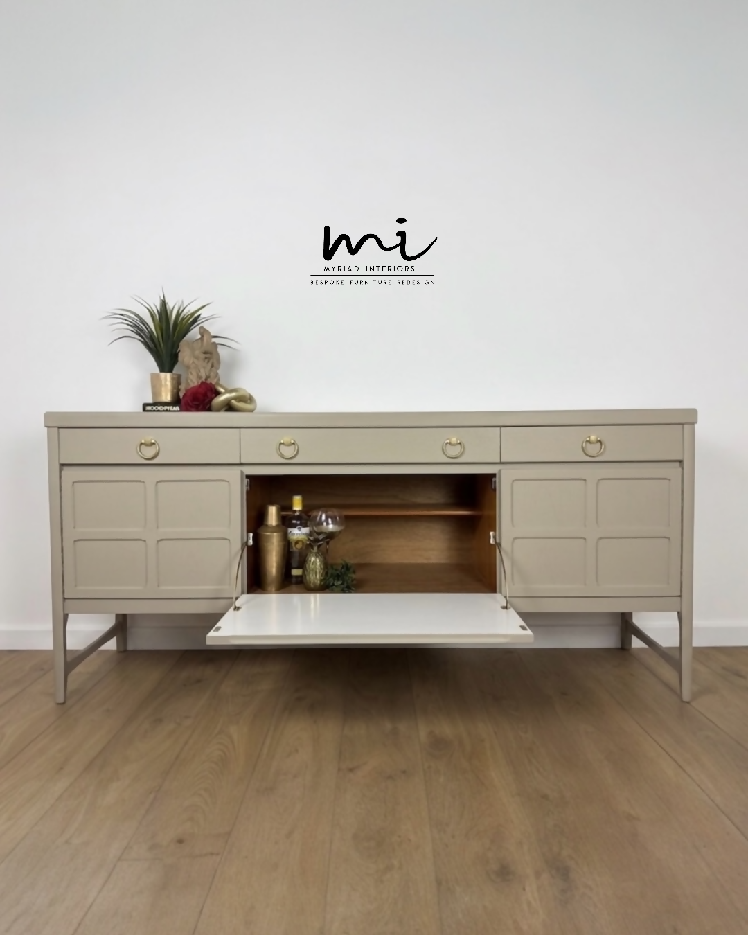 Refinished Large Neutral Vintage Nathan Sideboard with drinks cabinet - beige, cream, cocktail cabinet, tv stand, media unit, retro nude