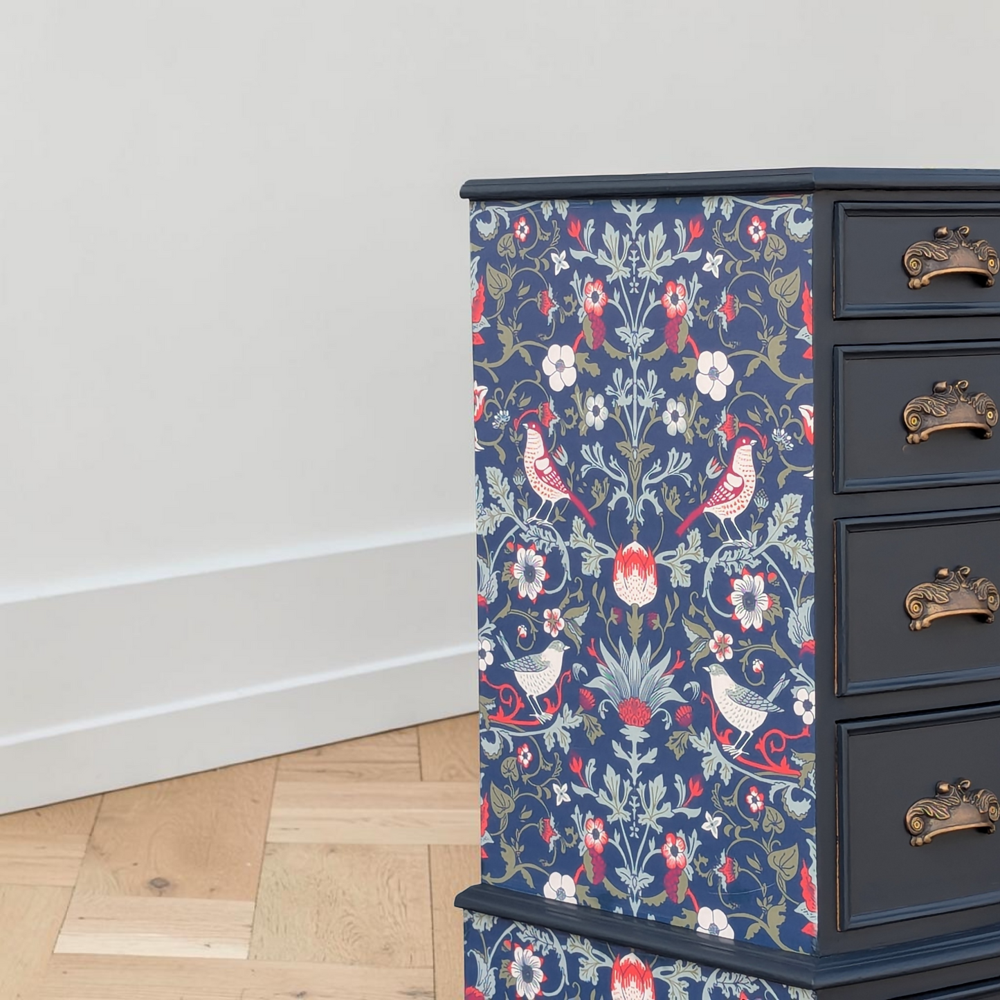 Vintage navy blue chest of drawers William Morris decoupage tallboy