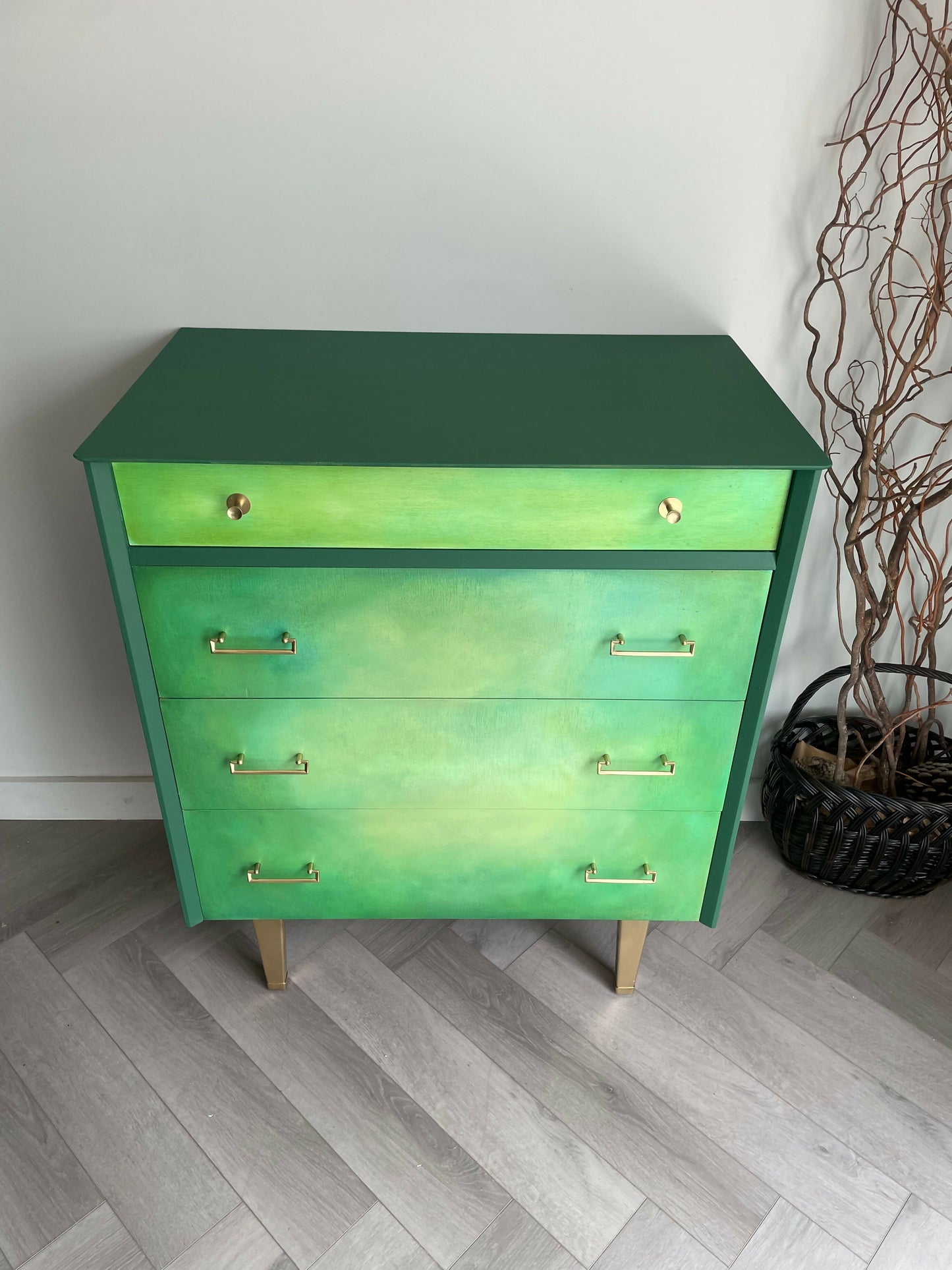 Mid Century Chest of Drawers Hand Painted Green With Gold Legs