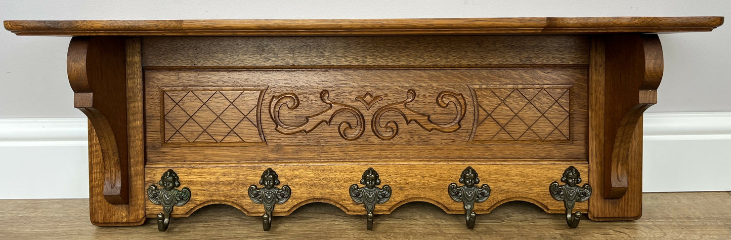 Coat Rack Vintage French Carved Oak Wall Mounted 5 Hooks Rack Hanger LOT 6210
