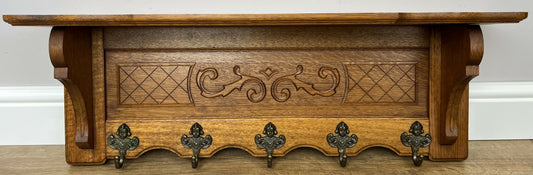 Coat Rack Vintage French Carved Oak Wall Mounted 5 Hooks Rack Hanger LOT 6210