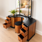 Refinished burl walnut and black Art Deco dressing table set with stool and mirror. Circa 1930 dresser, chest of drawers, art nouveau