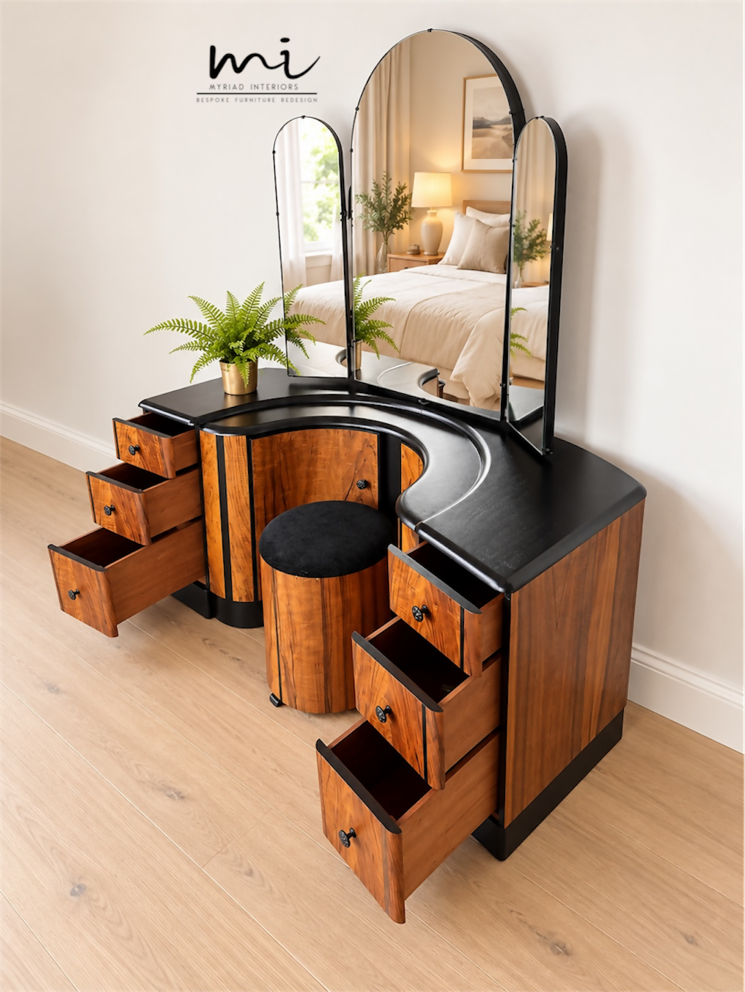 Refinished burl walnut and black Art Deco dressing table set with stool and mirror. Circa 1930 dresser, chest of drawers, art nouveau