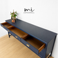 Refinished mid century Nathan sideboard drinks cabinet, navy blue with art deco chinoiserie inspired design, gold, cocktail, tv media unit