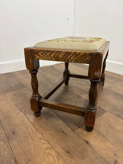 Vintage Oak Stool with Embroidered Pad