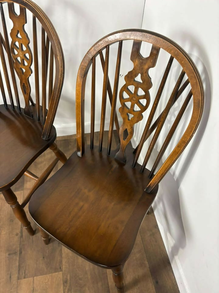 Vintage Set of Four Dark Oak Wheel Back Chairs