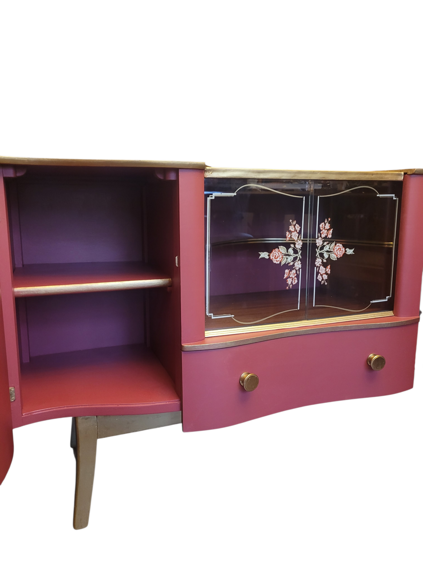 Mid Century Walnut Cocktail Cabinet/ Sideboard. Glass fronted floral vintage sideboard