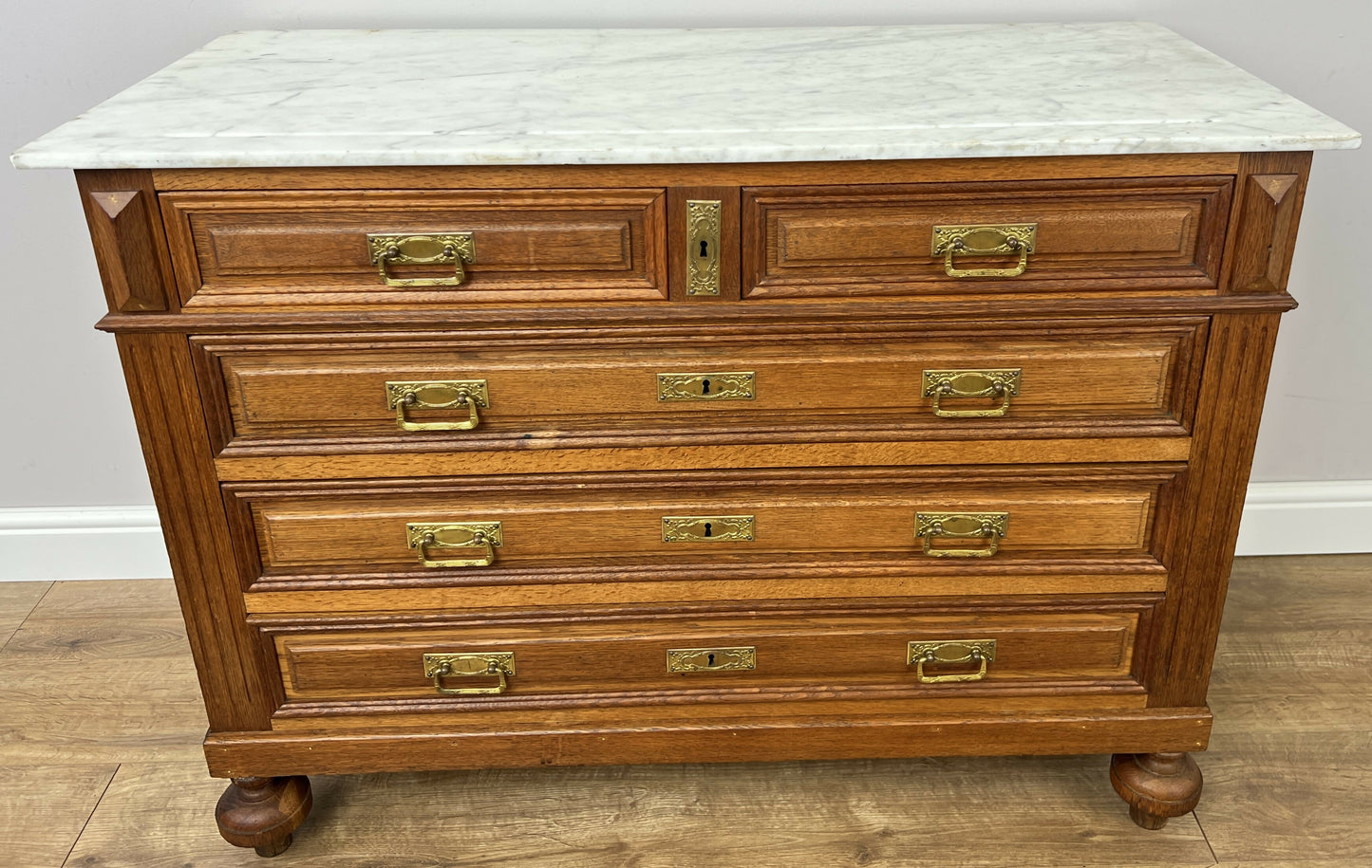 Chest of Drawers Antique French Style Oak Marble Top Carved Cabinet LOT 6448