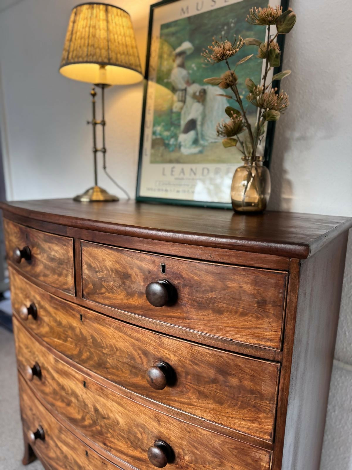 Antique Bow Front Flame Mahogany Chest of Drawers
