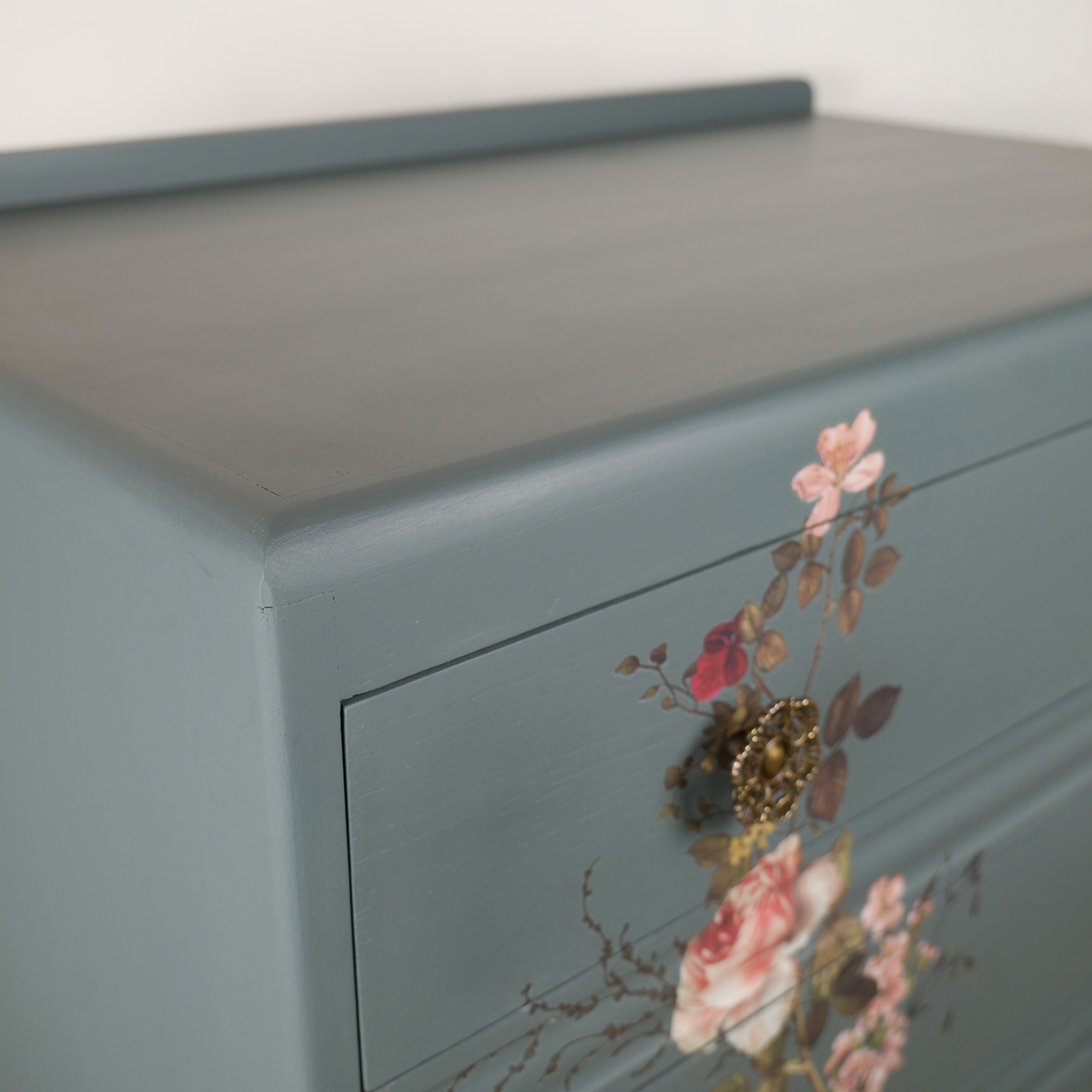Floral Upcycled Chest of Drawers, Blue Grey Vintage Dresser, Painted Furniture