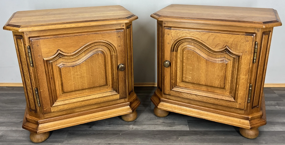 Pair of Bedside Tables Vintage French Nightstands Carved Oak Cabinets LOT 24289