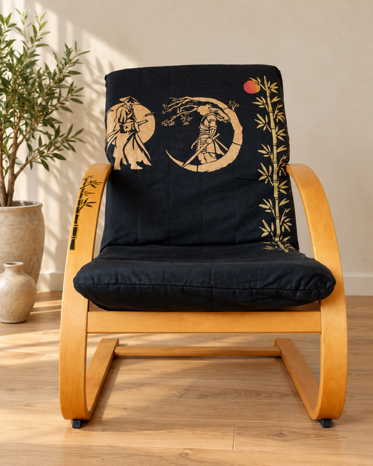 THE AFRICAN ASPECTS UPCYCLED - ONE-OFF FURNITURE ART “Stillness in Motion” – Stunning Artisan Chair -black, gold, copper Japanese style décor