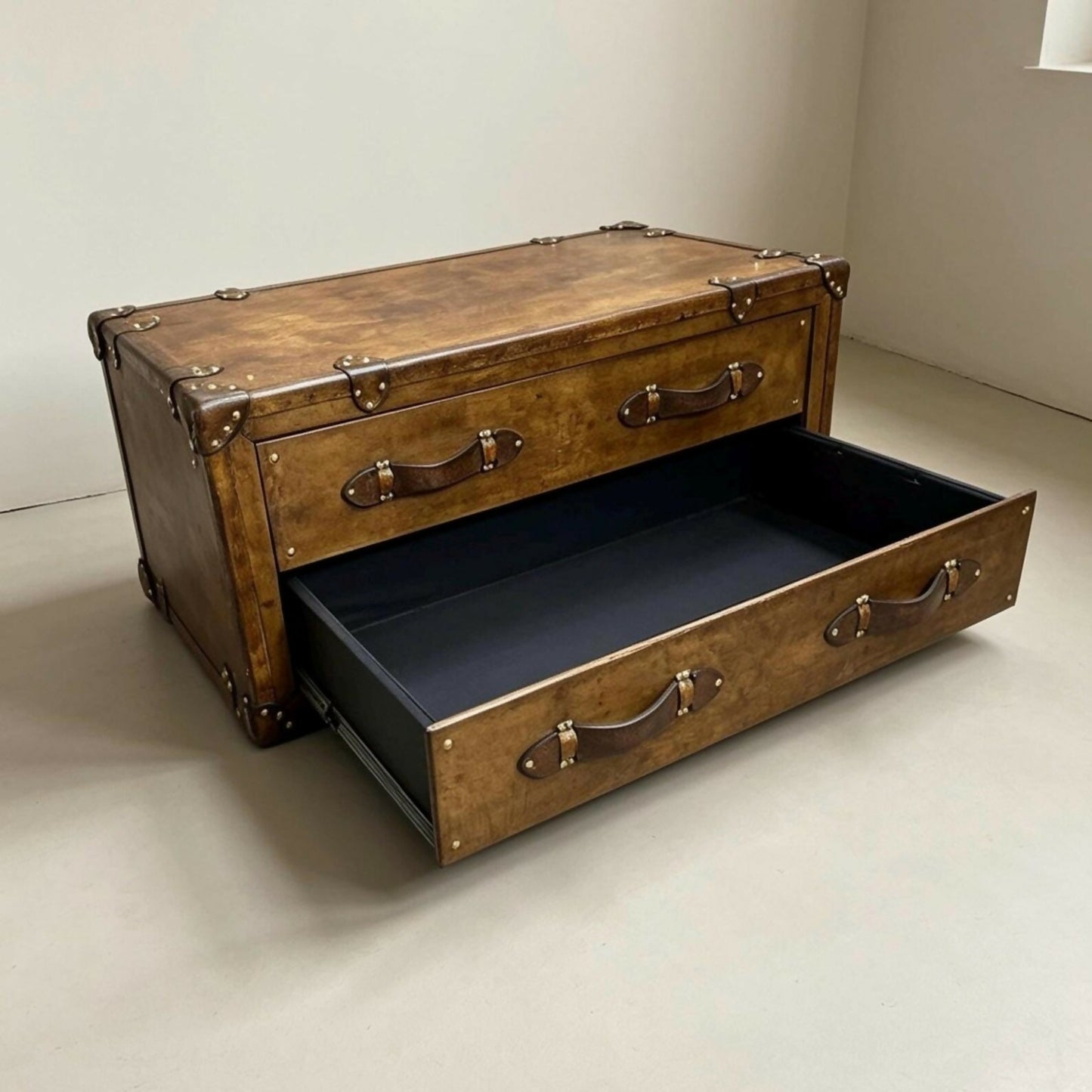 Handmade Vintage Coffee Table, Rustic Drawer Chest, Bridle Leather, English Steamer Style, Solid Hardwood