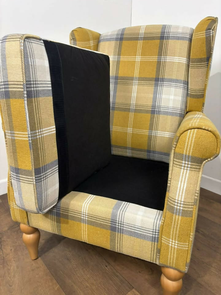 Modern Tartan Fireside Armchair – Upholstered Accent Chair in Mustard, Blue & White