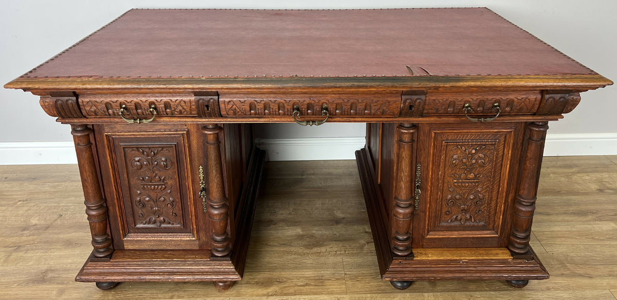 Desk Antique French Style Oak Double Sided Carved Pedestal Desk LOT 6514