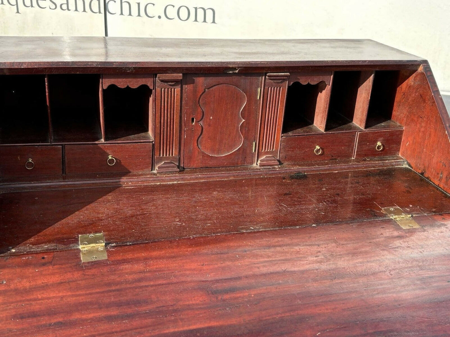 English Georgian Mahogany Desk, Fitted Interior, Secret Drawers, Brass Handles