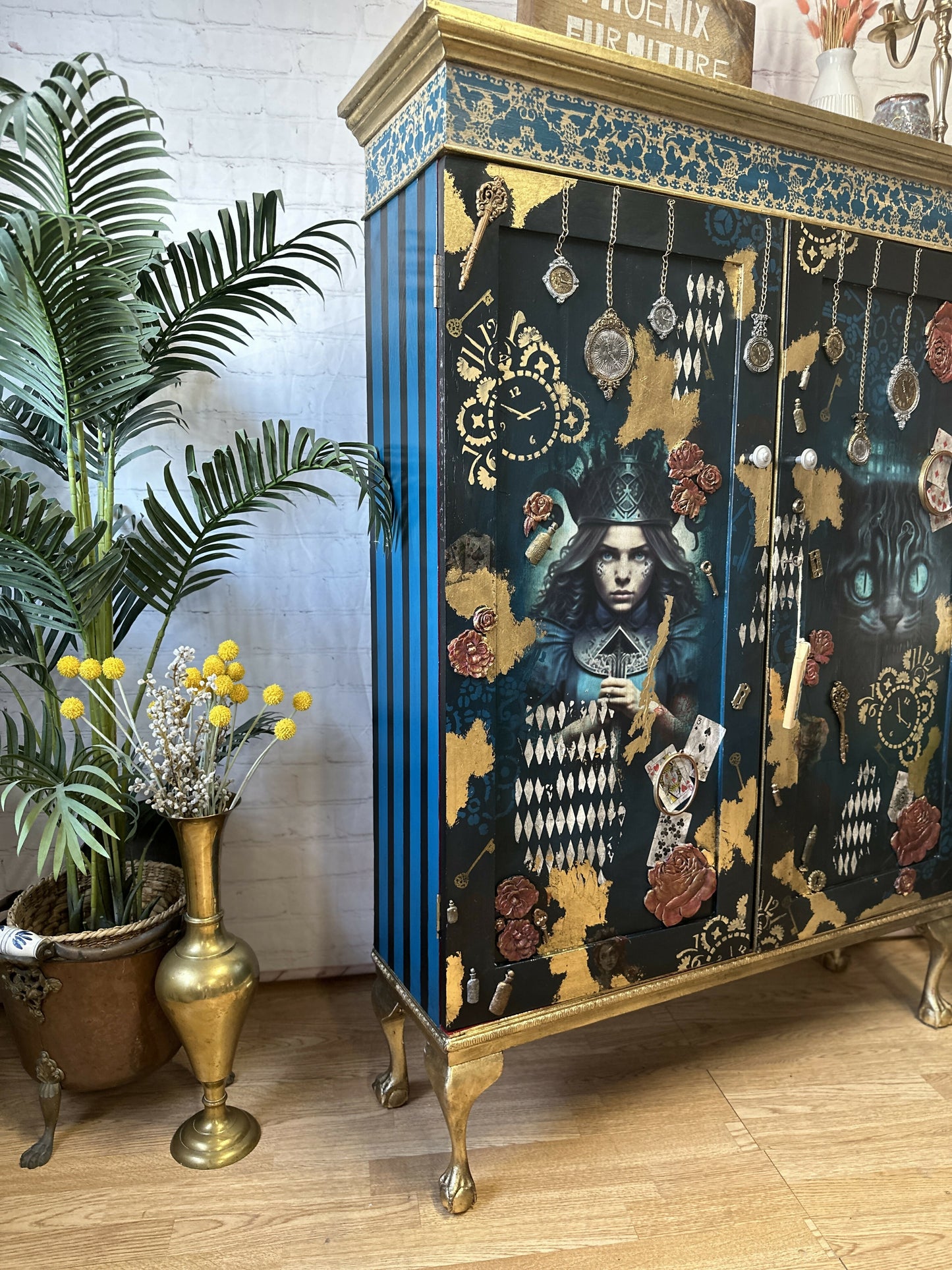 Alice in Steampunk Wonderland Upcyled Cabinet, Drinks Bar, Cocktail Cabinet, Statement, Maximalist MADE TO ORDER