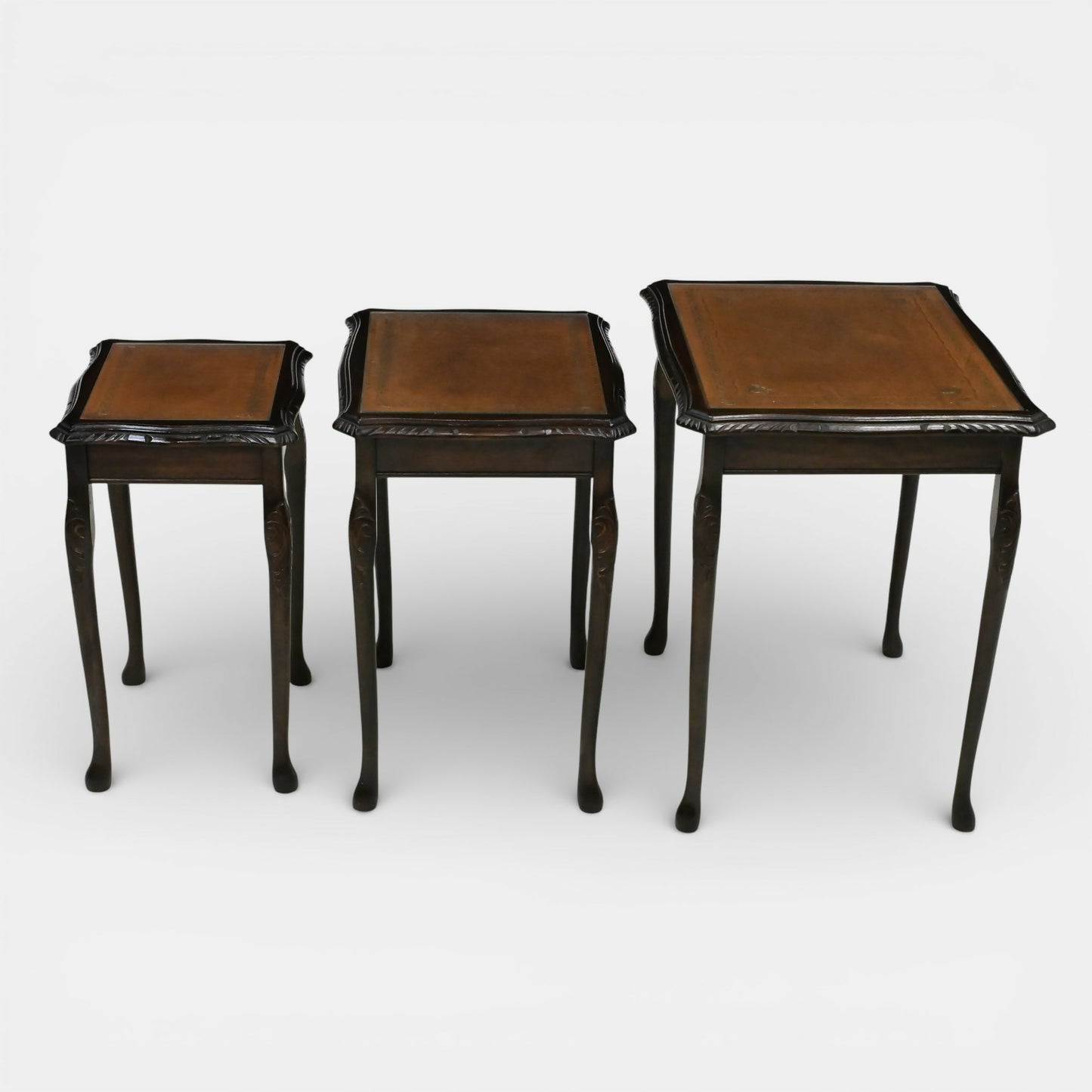 Tall Nest Of Tables Queen Anne Cabriole Legs Leather Glass Top FREE UK* Delivery. SBR11061/2010E