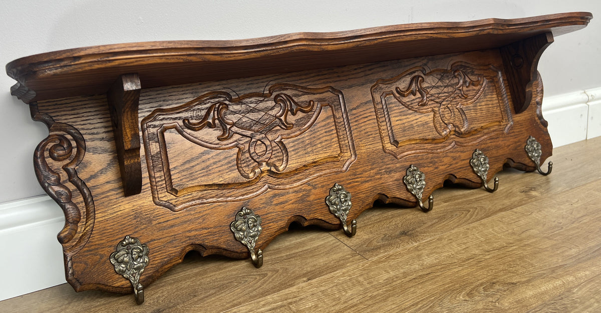 Coat Rack Vintage French Oak 6 Hooks Wall Shelf Carved Coat Hanger LOT 6550