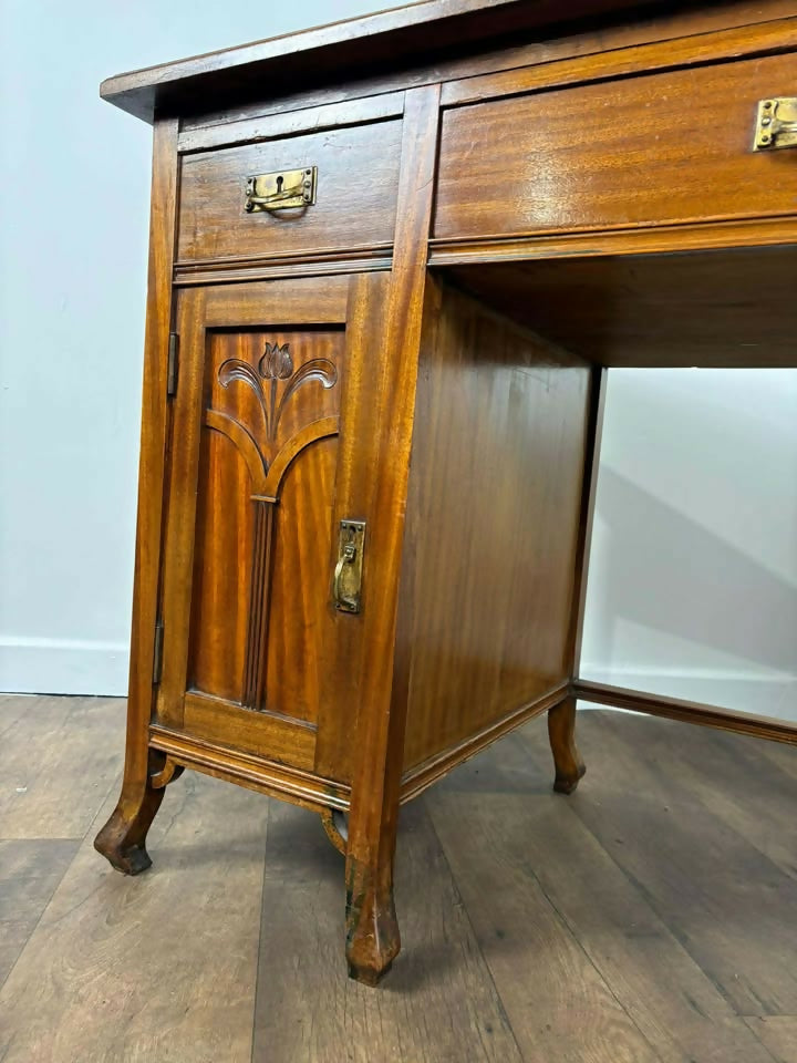Edwardian Mahogany Art Nouveau Style Kneehole Desk
