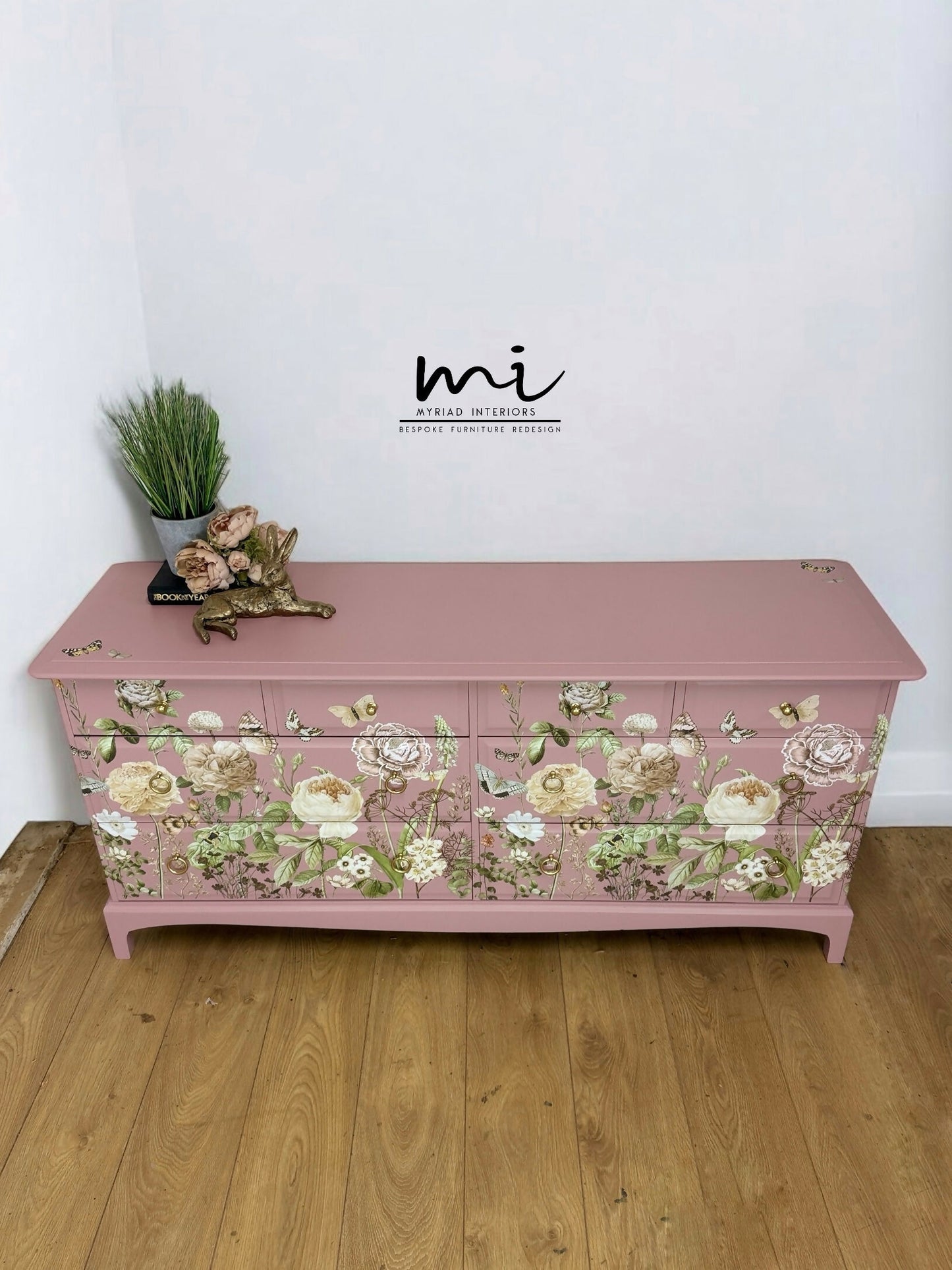Refinished Stag Minstrel Captains Chest Of Drawers In Dusky Pink With Floral Design, large drawers, sideboard
