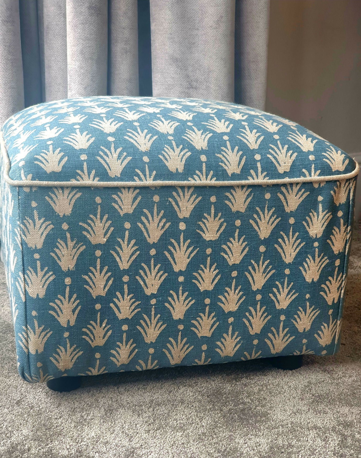 Footstool Pouffe Ottoman square on 4 feet Reupholstered in a High End Belgium Linen