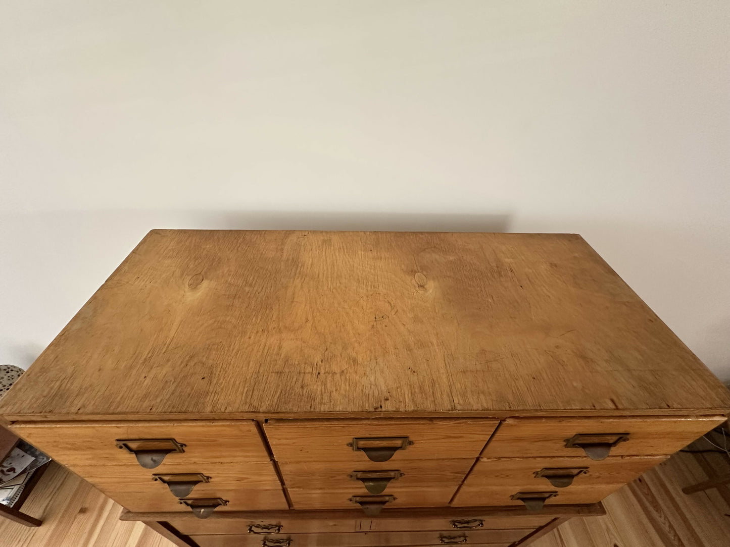 Vintage Pine 9 Drawer Apothecary Cabinet Antique Haberdashery Chest Brass Label Holders Industrial Storage Unit Mid Century Filing Drawers