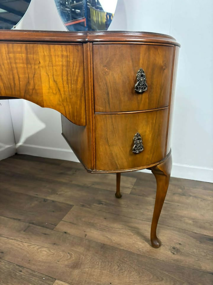 Vintage 1950s Walnut Kidney-Shaped Dressing Table