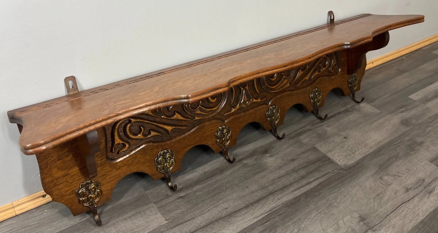 Coat Rack Antique French Style Oak Wall Shelf 6 Hooks Carved Hall Stand LOT 3511