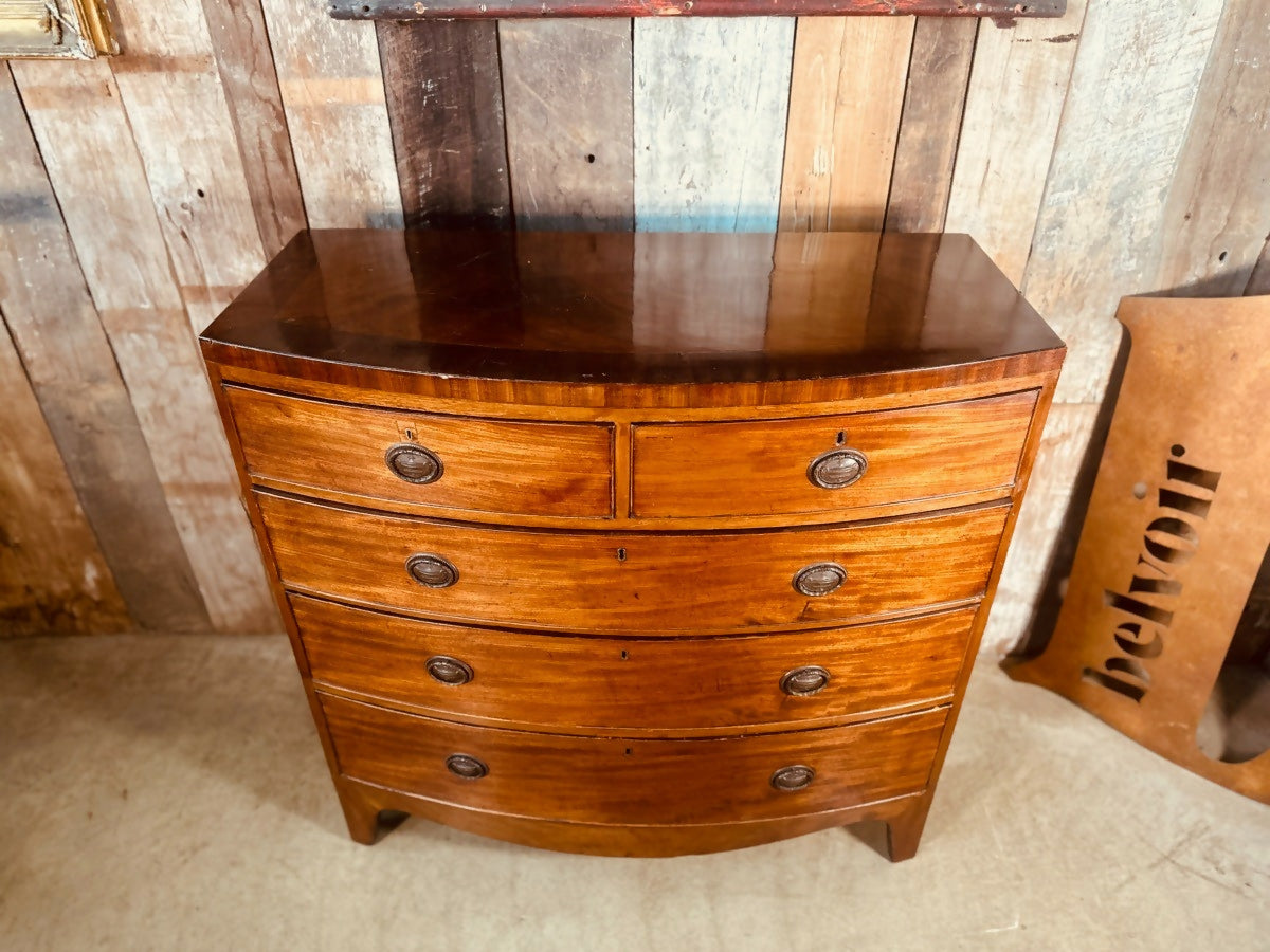 Antique Mid Victorian Bow Front Chest of Five Drawers, c 1840